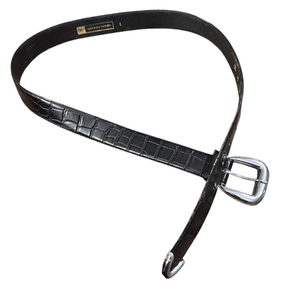 Morgan Taylor Black Croc Embossed Leather Boho Western Belt Silver Buckle Size L